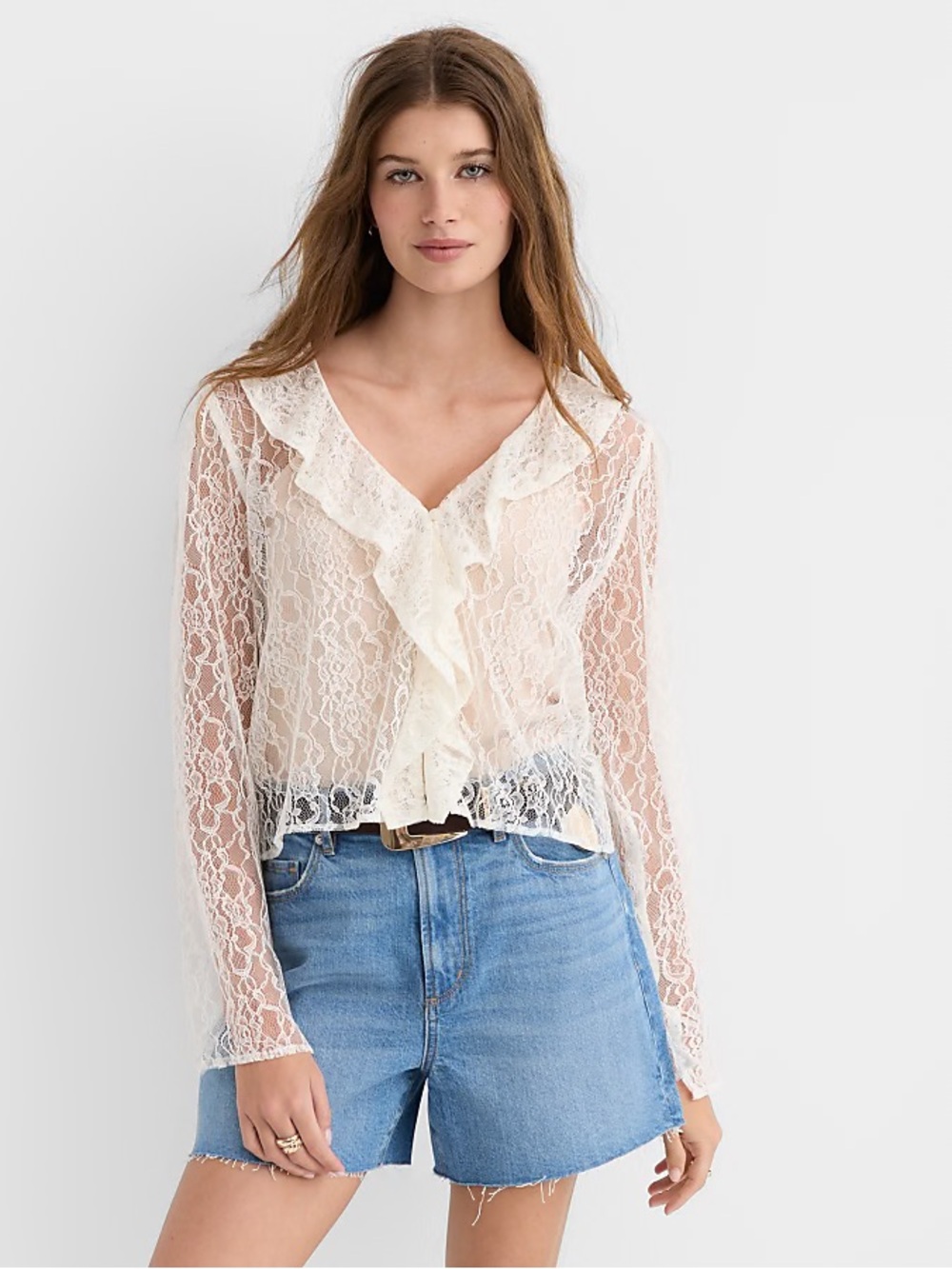 LOFT Cream Sheer Lace Ruffle V-Neck Blouse